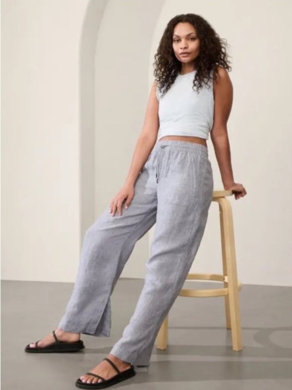 NEW Athleta Retreat Wide-Leg Linen Pants High-Rise Pull-On Grey Ankle Slit Large